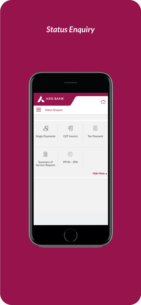 Axis Mobile - Corporate - Axis Mobile Corporate app interface showing the Status Enquiry dashboard with icons for Single Payments, GST Invoice, and Tax Payment.