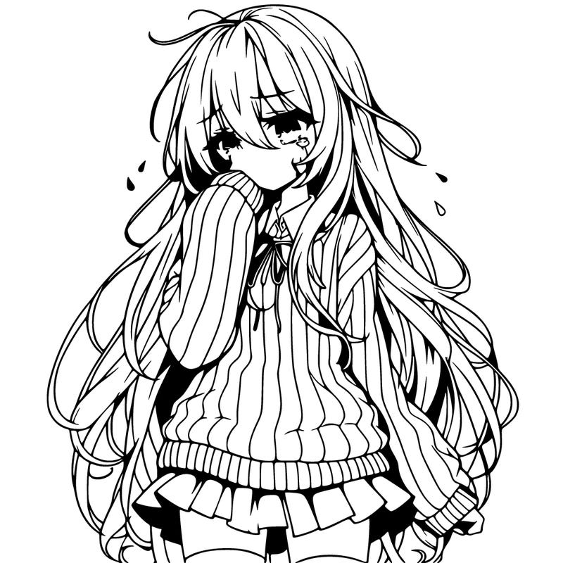 anime girl with long hair and sweater with a skirt crying