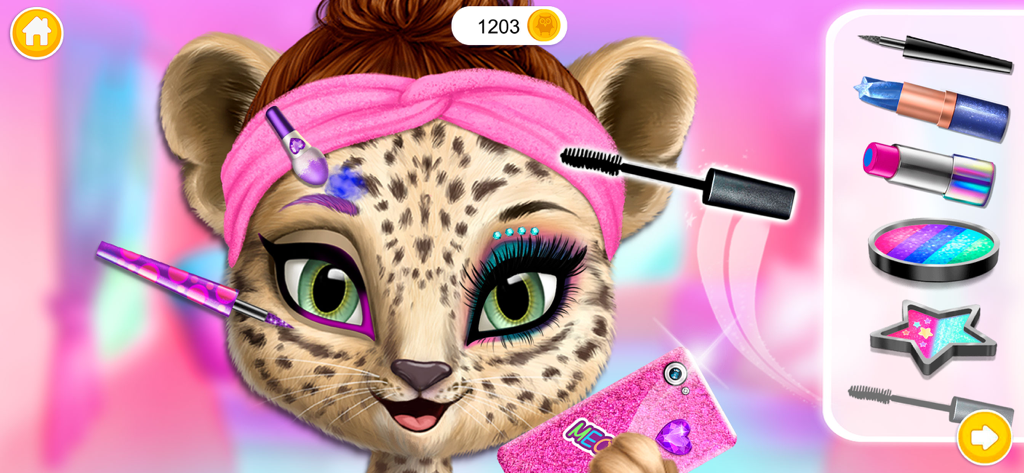 Leopard Amy character receiving a colorful makeup makeover in the Animal Hair Salon Australia app