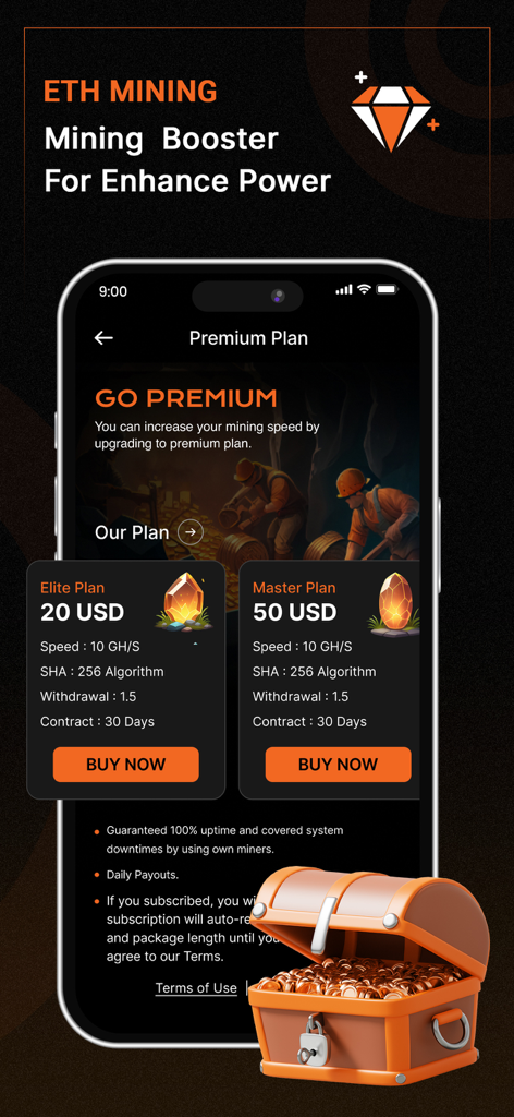 Ethereum Mining, ETH Miner - Screenshot der Ethereum Mining App, der Premium-Abonnementpläne zur Erhöhung der Mining-Geschwindigkeit zeigt.