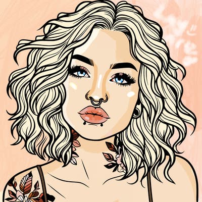 realistic woman with septum piercing and wavy hair and tattoos