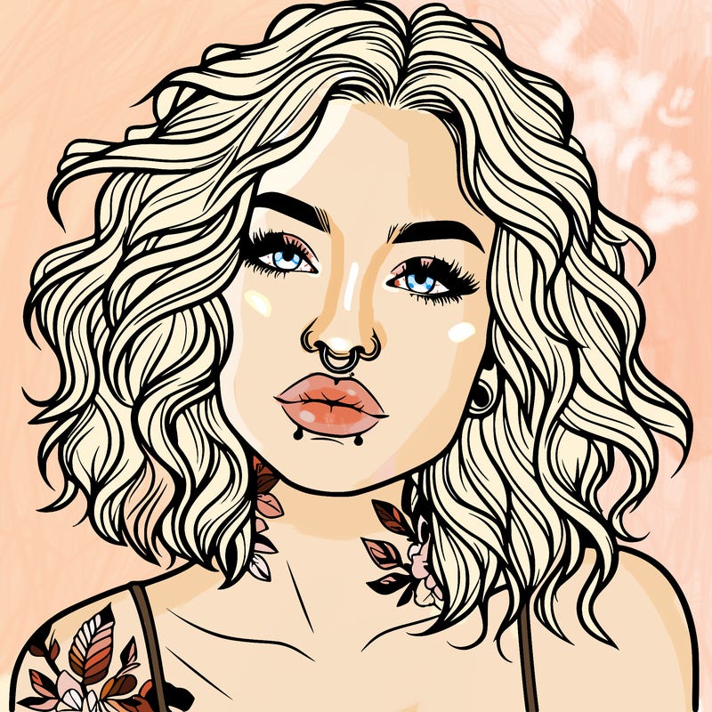 realistic woman with septum piercing and wavy hair and tattoos