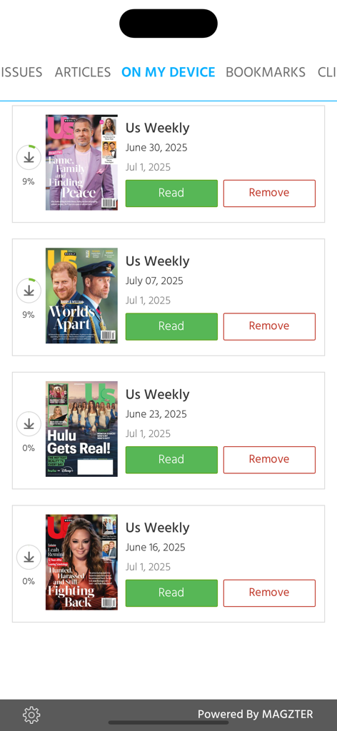 Us Weekly (Magazine) - A list of digital issues in the Us Weekly magazine app library featuring celebrity news covers and read buttons