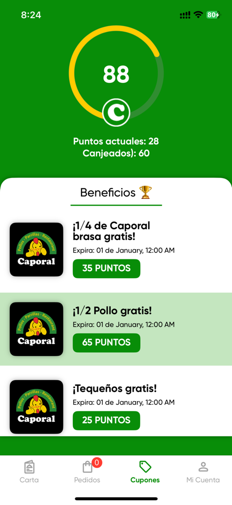 Caporal - Caporalアプリのロイヤリティ特典画面。ポイント残高と利用可能なフードクーポンが表示されています。