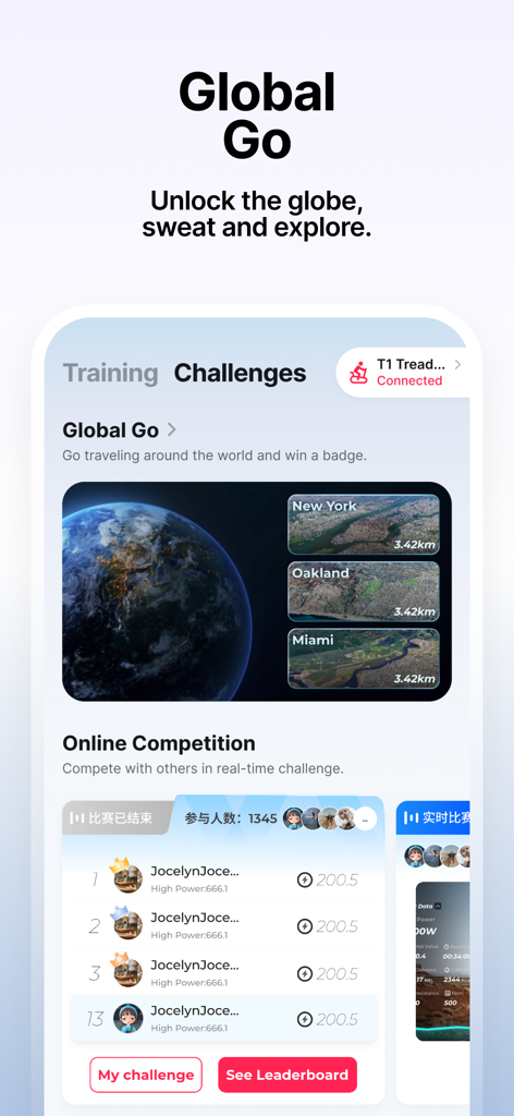 MERACH app interface showing Global Go virtual training maps and online competition leaderboard