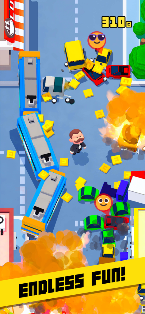 Mr. Traffic - Top down view of Mr. Traffic mobile game featuring vehicle crashes and explosions