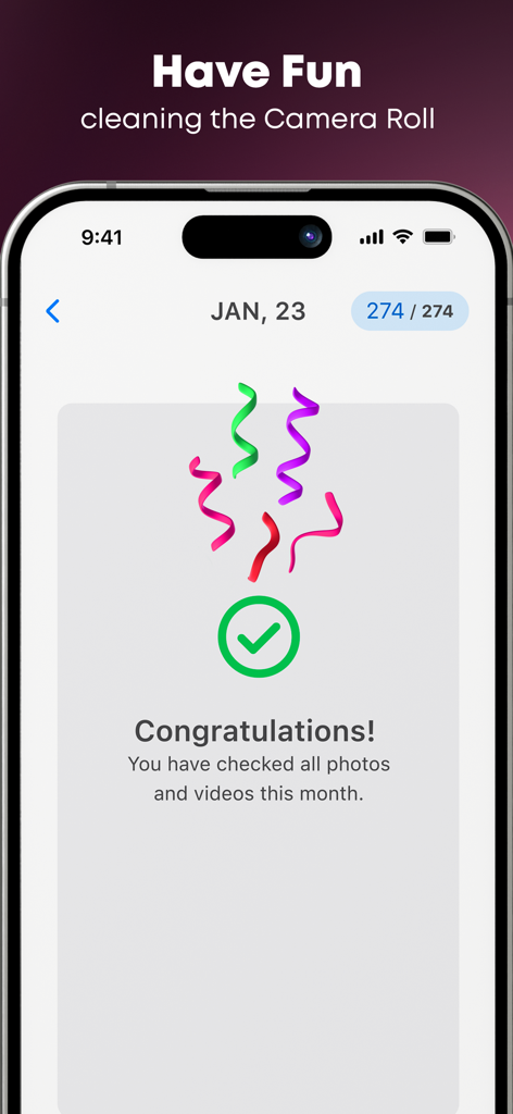 Swipe Guru - Un message de félicitations sur l'application Swipe Guru après avoir terminé un nettoyage photo mensuel.