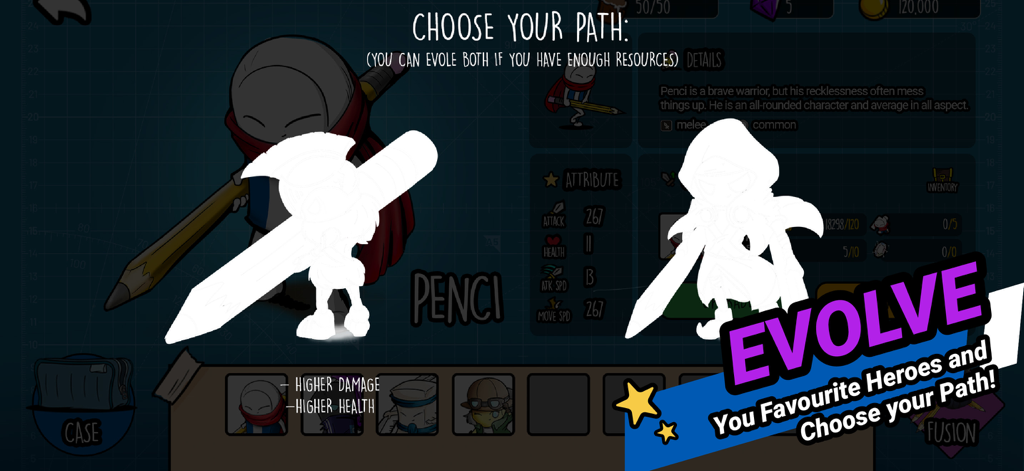 In-game menu from Stationery Heroes showing the hero evolution screen where players can choose different upgrade paths for characters.
