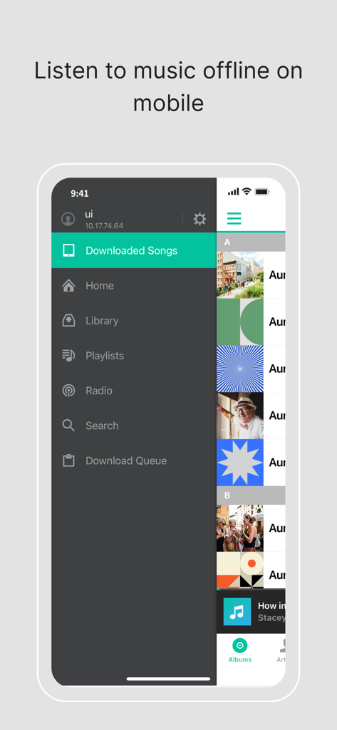 DS audio - Interface of the DS audio app showing the side navigation menu with the Downloaded Songs section highlighted