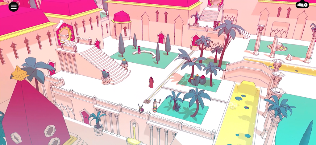 Chants of Sennaar - Chants of Sennaarの鮮やかなピンクとティールの庭園中庭のアイソメトリックビュー