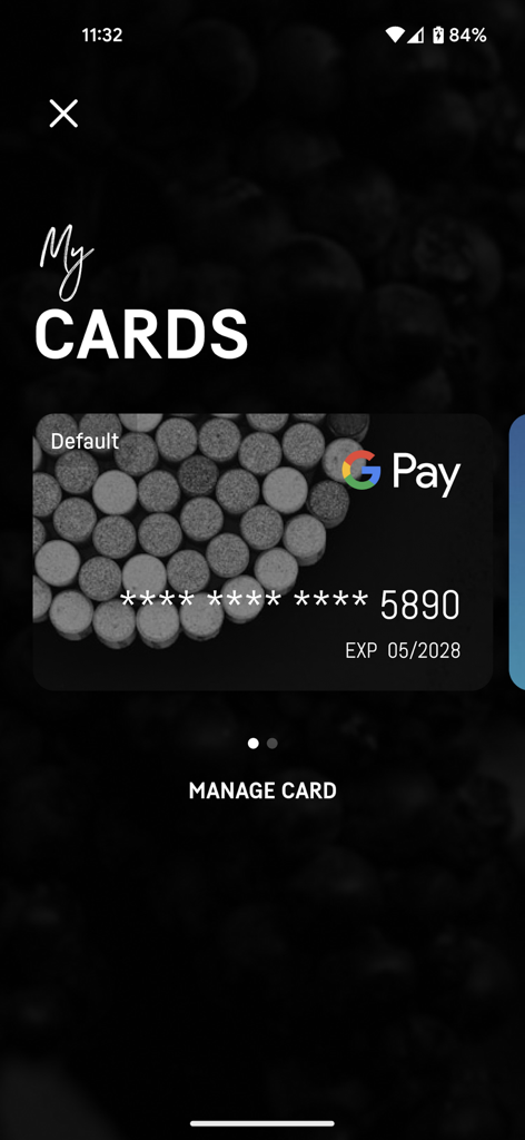 Vagabond Wines - The My Cards screen of the Vagabond Wines app showing a Google Pay digital card for managing payments.