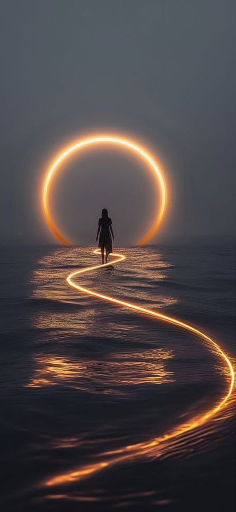 Silhueta de uma pessoa em pé na água diante de um grande anel laranja brilhante com um caminho de luz sinuoso levando a ele.