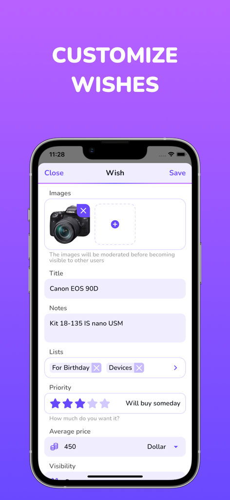 Pantalla de la app WishSpace para personalizar un artículo de lista de deseos con detalles del producto y precio.