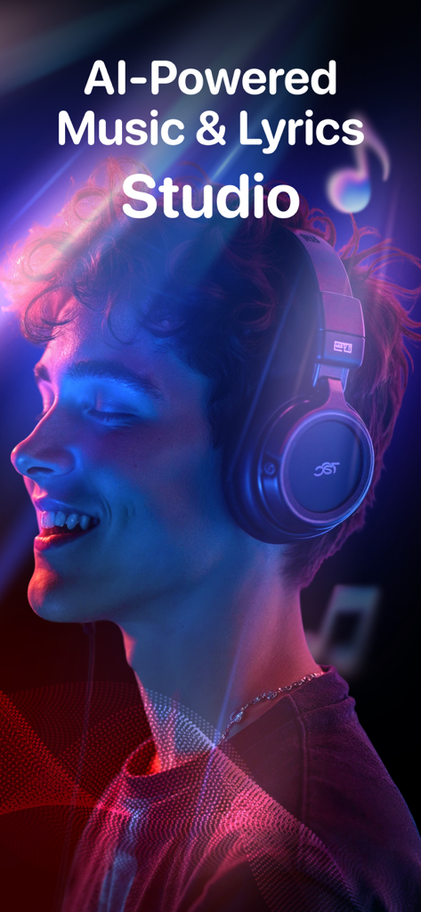 TuneCraft. AI Song Generator - A young person wearing headphones smiling in a neon lit studio setting with the text AI Powered Music and Lyrics Studio