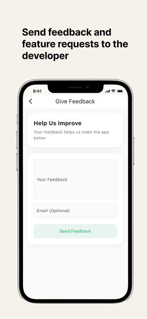 UV index now: Simple and fast - Feedback and feature request screen in the UV index now app.