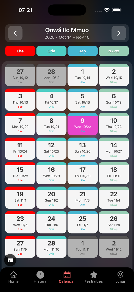 Onwá - Igbo lunar calendar screen in the Onwa app showing market days and Gregorian date alignment