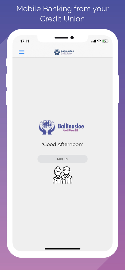Ballinasloe Credit Union - Login screen of the Ballinasloe Credit Union mobile banking app showing a welcome message and login button.