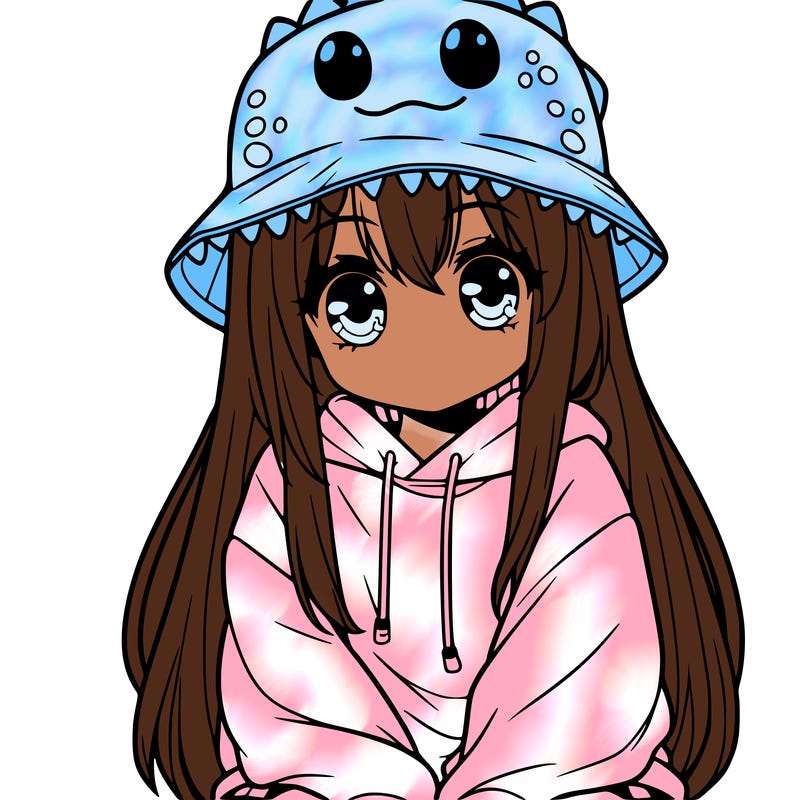 girl with anime shaped eyes with a dinosaur bucket hat oversized sweatshirt long straight hair