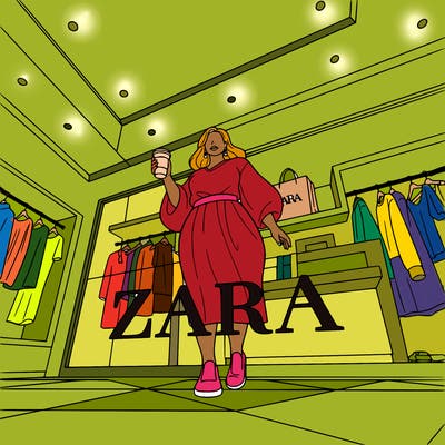 a curvy girl holding a cup of coffee at zara store.