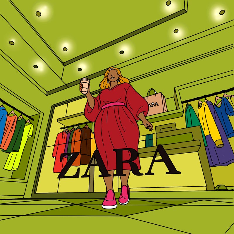 a curvy girl holding a cup of coffee at zara store.