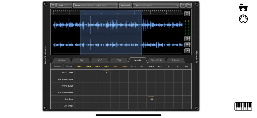 WaveCloud App-Oberfläche mit Modulationsmatrix und Audio-Wellenform-Editor