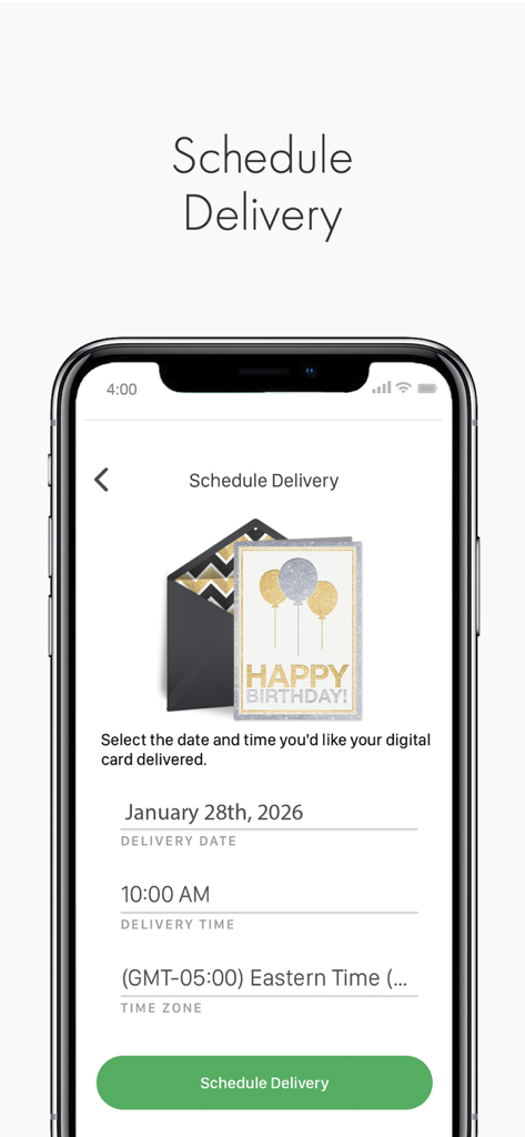 Punchbowl: Invitations & Cards - A mobile interface for scheduling the delivery of a digital birthday card in the Punchbowl app