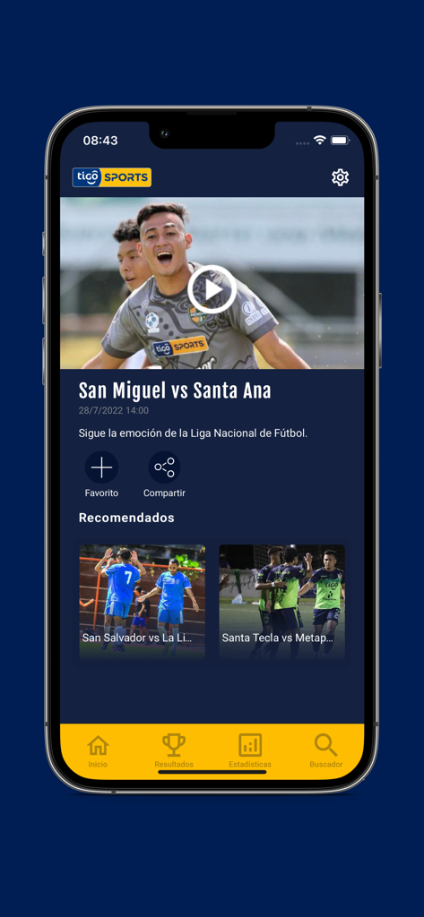 Tigo Sports El Salvador - Pantalla de la aplicación Tigo Sports mostrando el partido de fútbol San Miguel vs Santa Ana.