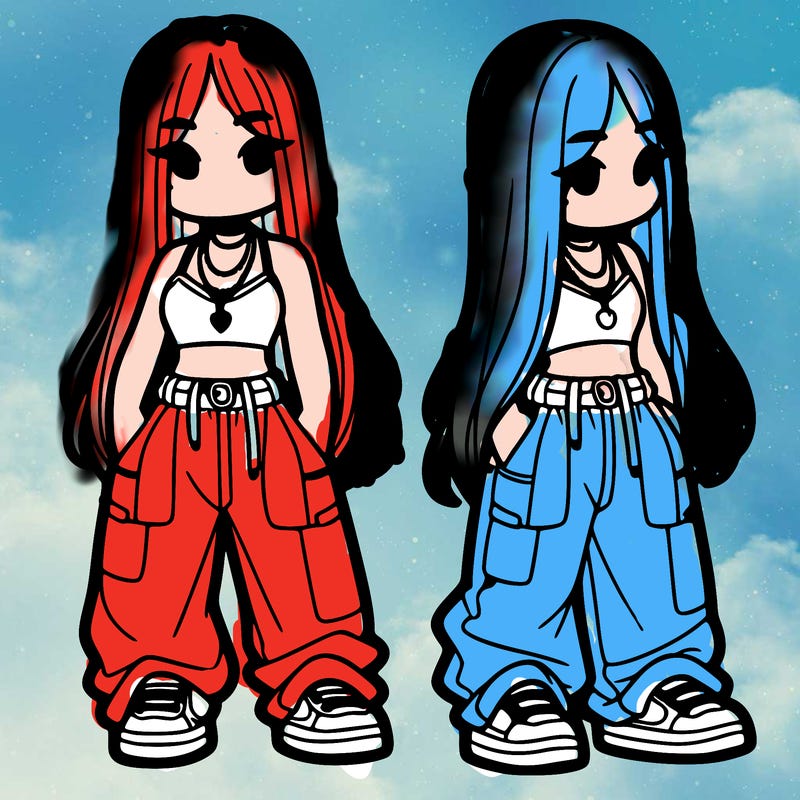 girl in baggy pants crop top and long hair