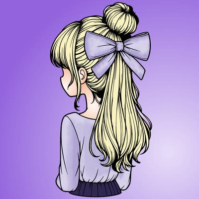 realistic girl  with hip length hair a bun and a big bow on the back of head