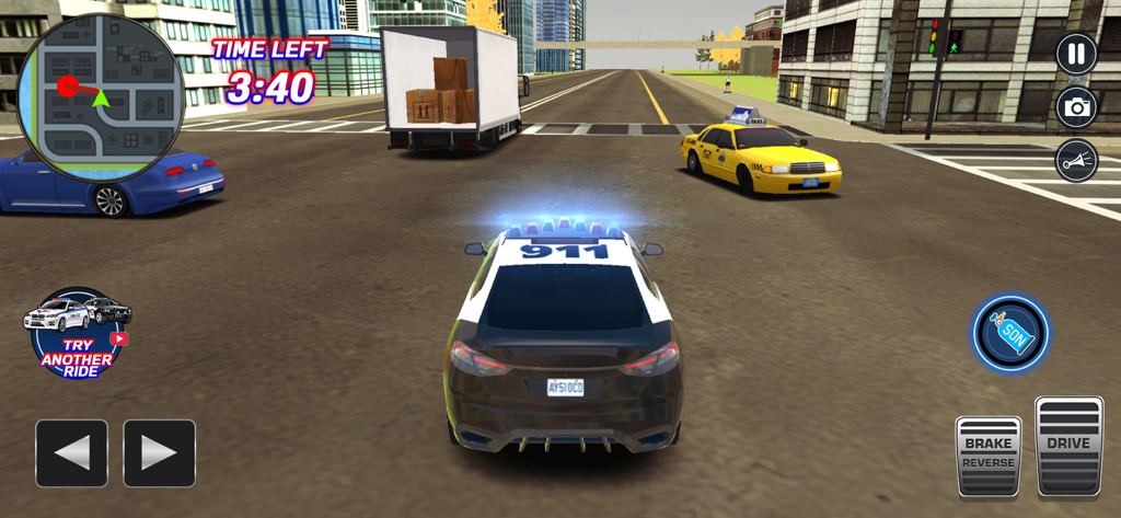 City Track Mission - A police car patrolling city streets in the City Track Mission simulator