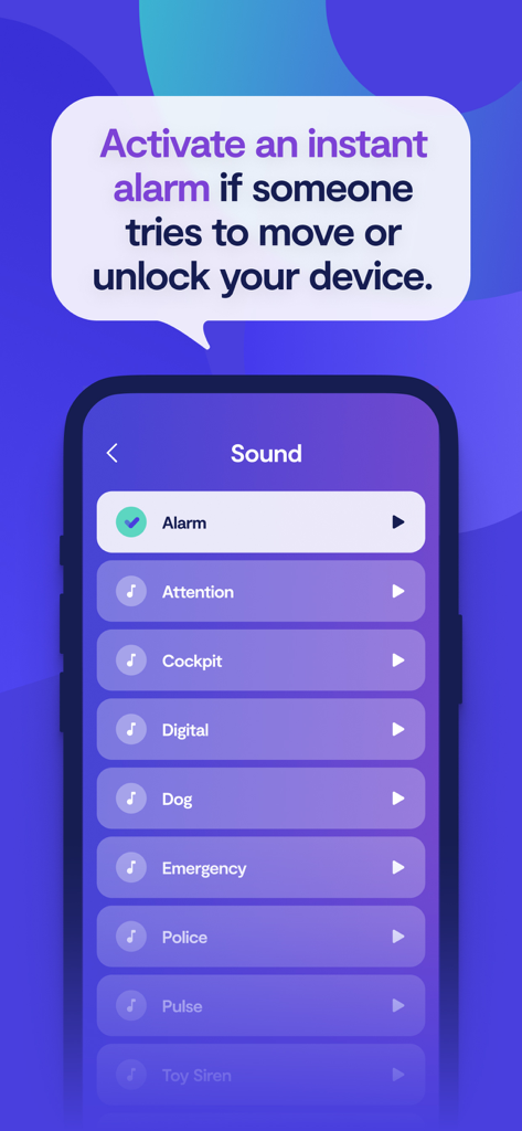 Clario AntiSpy app interface showing anti-theft alarm sound options to protect device from unauthorized movement