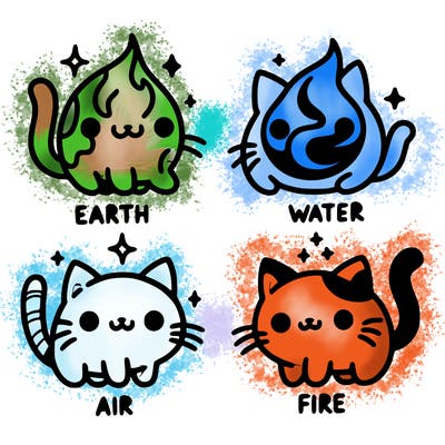 4 cats that represent the different elements, earth, water, air, and fire