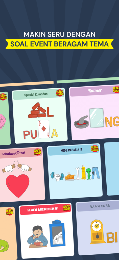 Tebak Gambar - Una colección de coloridas tarjetas de puzzle de la aplicación Tebak Gambar que muestran diferentes temas del juego como Ramadán y Código Secreto.