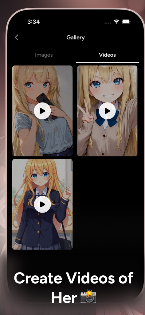 WaifuChat: AI Anime Fantasy - Gallery interface in WaifuChat showing multiple AI generated anime videos of a character