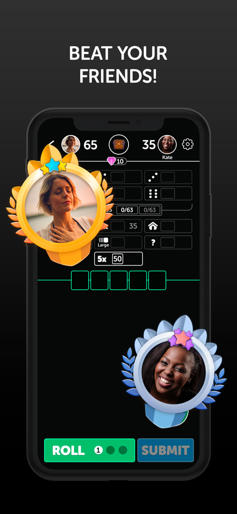 Lucky Rollers dice game interface showing two players competing with scores and player avatars