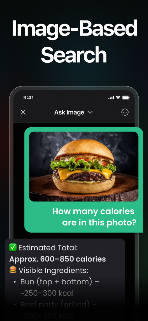 AI Chat: AI Assistant - AI Chat app using image search to estimate calories in a hamburger photo
