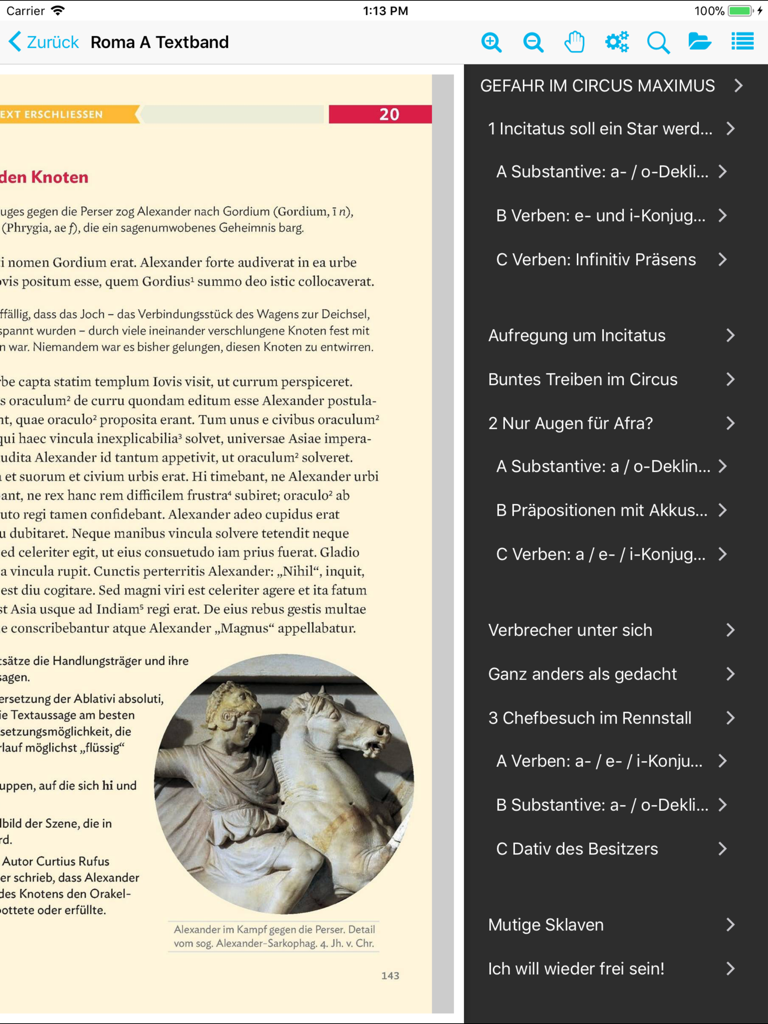 A digital textbook page with a navigation sidebar menu in the click and study app