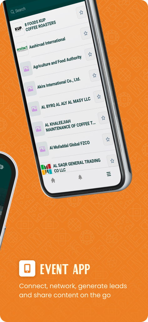 World Of Coffee Dubai 2026 - World Of Coffee Dubaiイベントのコーヒー業界出展者ディレクトリを表示するモバイルアプリ画面。