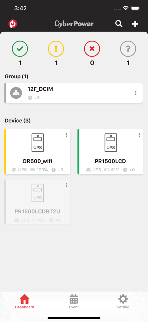 PowerPanel Cloud - PowerPanel Cloud mobile app dashboard displaying real time status and battery capacity for UPS devices