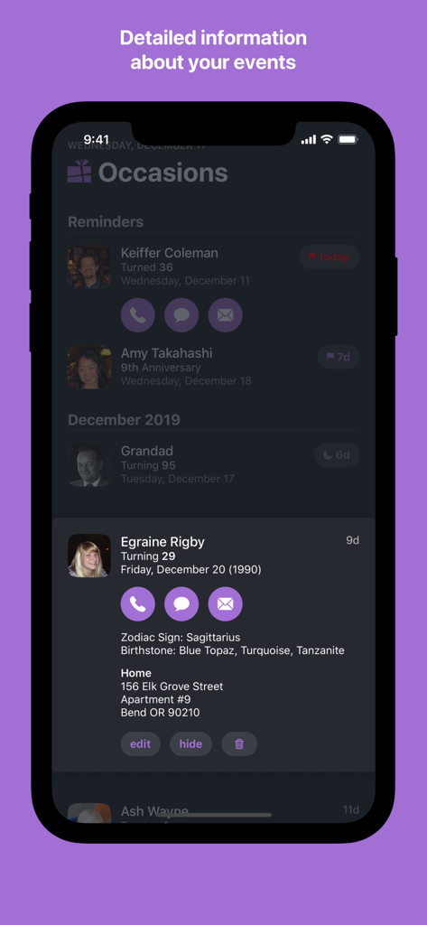 Occasions 3 - Reminders - Detailed event view in Occasions 3 app showing birthday information, contact address, and quick communication buttons