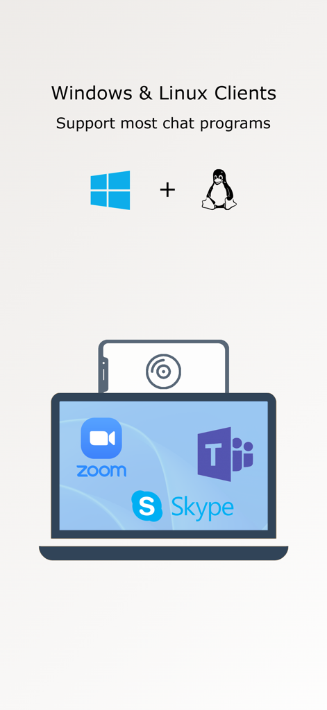 DroidCam Webcam & OBS Camera - DroidCamがZoom、Microsoft Teams、Skypeなどのチャットアプリに対応していることを示すインフォグラフィック