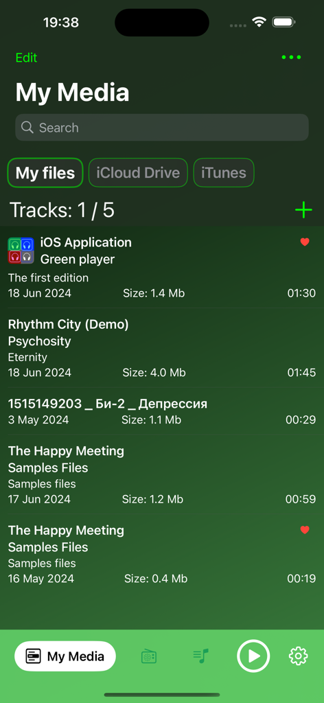 Green Player - Interface of the Green Player app showing the My Media section with a list of audio tracks