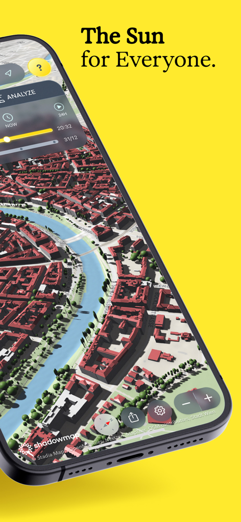 Shadowmap: Solar Intelligence - A 3D city map on an iPhone screen showing sunlight and shadow analysis for urban planning