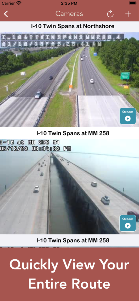 Louisiana 511 Traffic Cameras - Screenshot of the Louisiana 511 Traffic Cameras app showing multiple live feeds of the I-10 Twin Spans bridge for route monitoring.