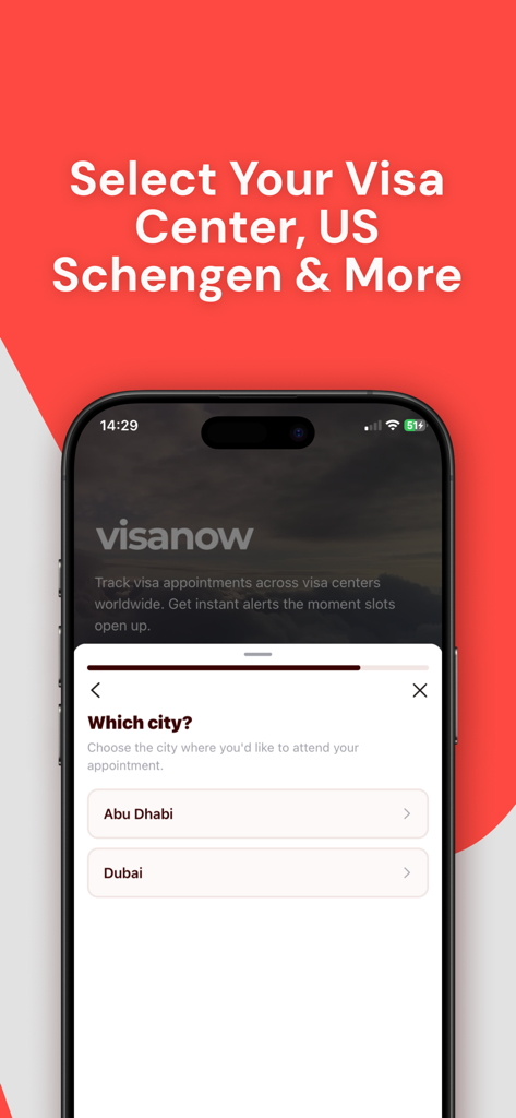 VisaNow: Find Visa Appointment - VisaNow app interface showing city selection for visa appointments in Abu Dhabi and Dubai.