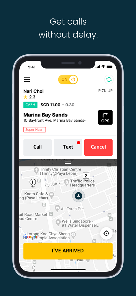 TADA Driver app interface showing a ride request with rider details pickup location and map