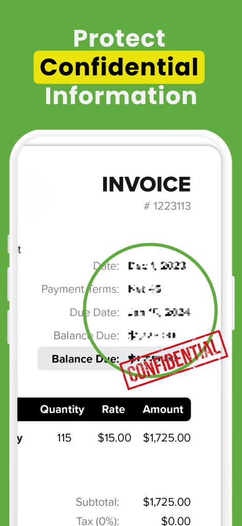 Censor Blur Pixelate Photos - Mobile app interface showing pixelated sensitive information on an invoice with a confidential stamp