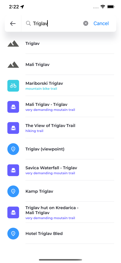 Monolit2Go - Search results in the Monolit2Go app for Triglav showing hiking and cycling trails