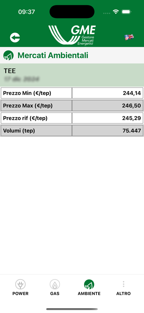 Schermata dell'App GME che visualizza i dati del mercato ambientale per i certificati di efficienza energetica, inclusi prezzi e volumi