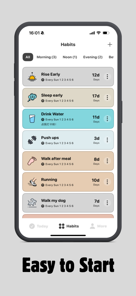 ShineDay: Micro Habit Tracker - Interfaz de la aplicación ShineDay que muestra una lista limpia de hábitos diarios como beber agua y correr